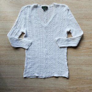 Lauren Ralph Lauren 100% Linen Cable Knit V-Neck Pullover Sweater White Women L